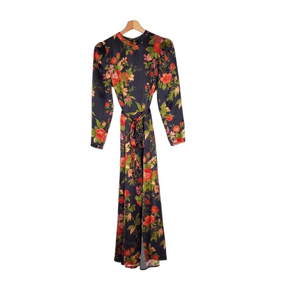 Reformation Julius Silk Dress Black Floral Print Long Sleeve Midi Length Size 8 - Picture 2 of 13
